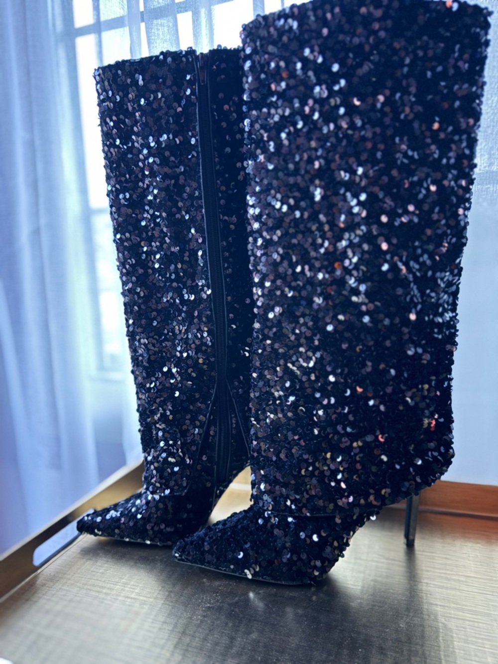 INC Black Sequin Knee High Boots Pointed Toe Stiletto Heel 8.5M Glam